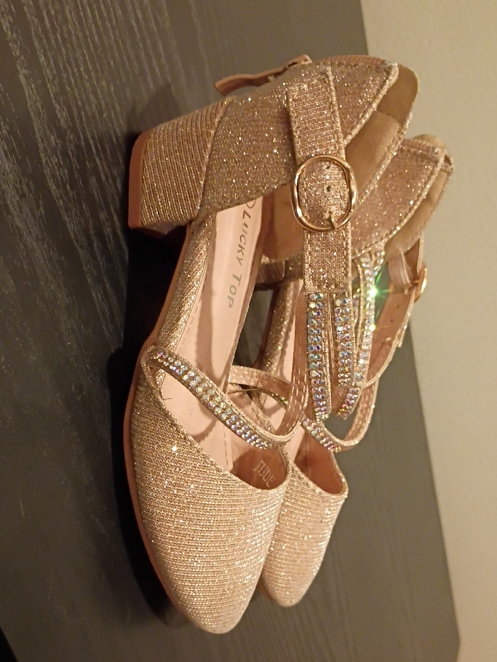 Lucky Top Girls' Gold Glitter Dress Heels with Rhinestone Straps